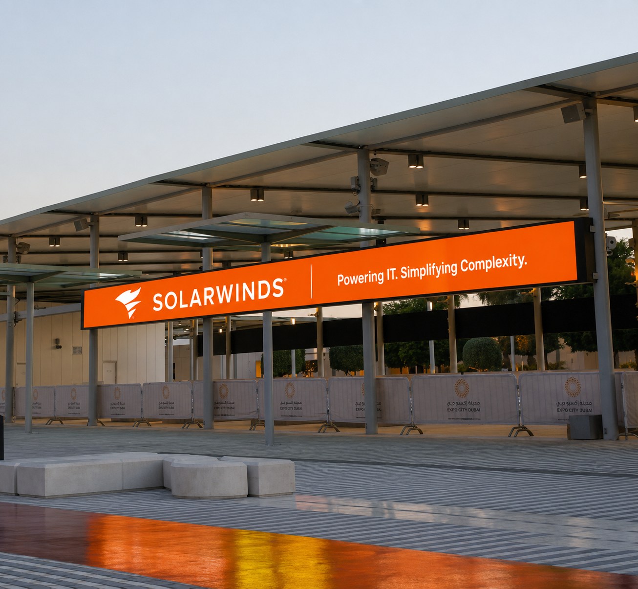 SolarWinds horizontal LED beneath the arrival canopy at the Expo City Dubai entrance gate