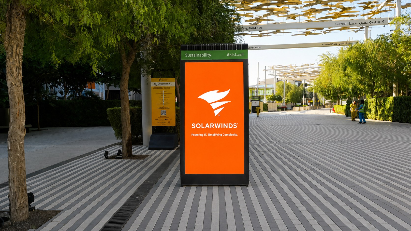 SolarWinds MUPI digital totem on the Sustainability district walkway at Expo City Dubai