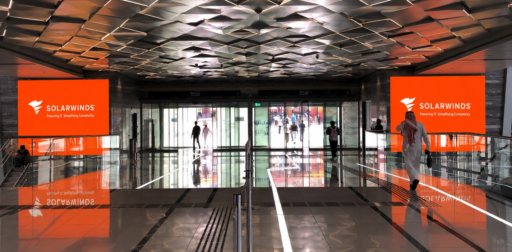 SolarWinds screens flanking the gateline at the Expo City metro station entrance